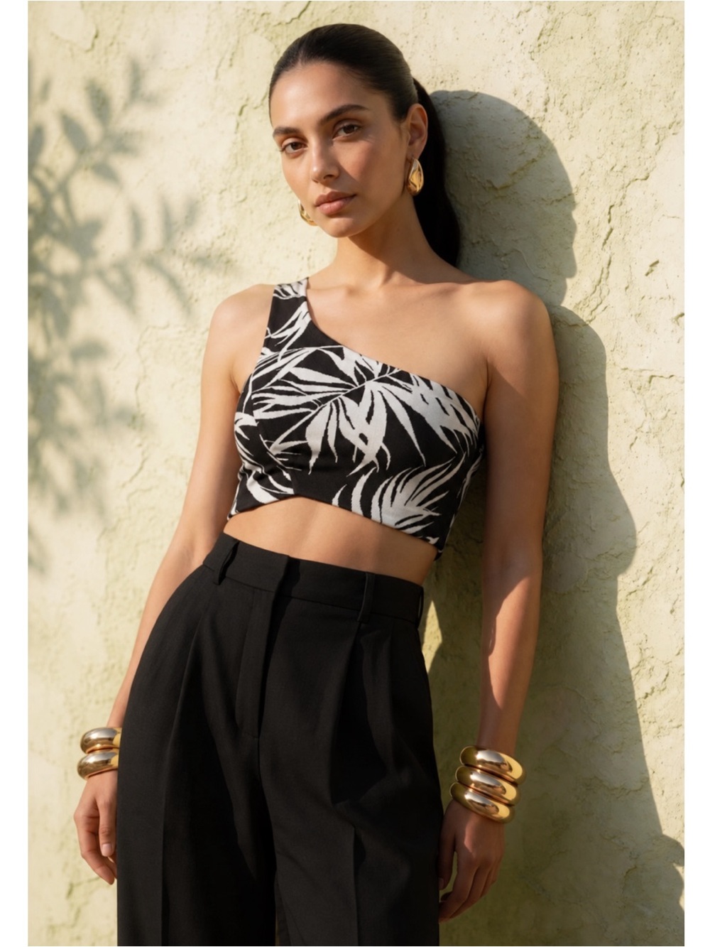 NWT Zara Woman Black Tropical One-Shoulder Crop Top MEDIUM Boho Festival Bodycon
